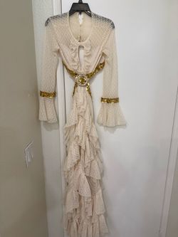 Women’s White/Gold Lace Maxi Dress S Sequin Ruffle Cutout Back Bell Sleeve