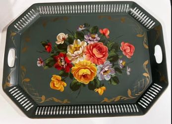 Vintage 24" Large Toleware Metal Serving Tray - Hand Painted Floral Bouquet, Ornate Pierced Gallery