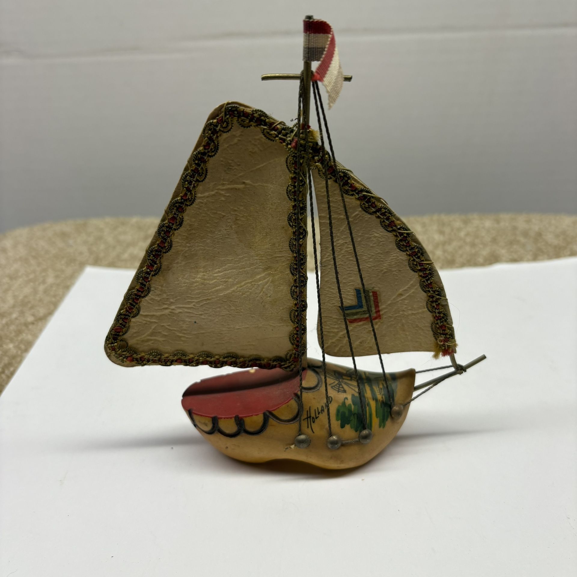 Vintage 6” Dutch Holland Wooden Clog Sailboat Hand Painted Shoe Ship Souvenir