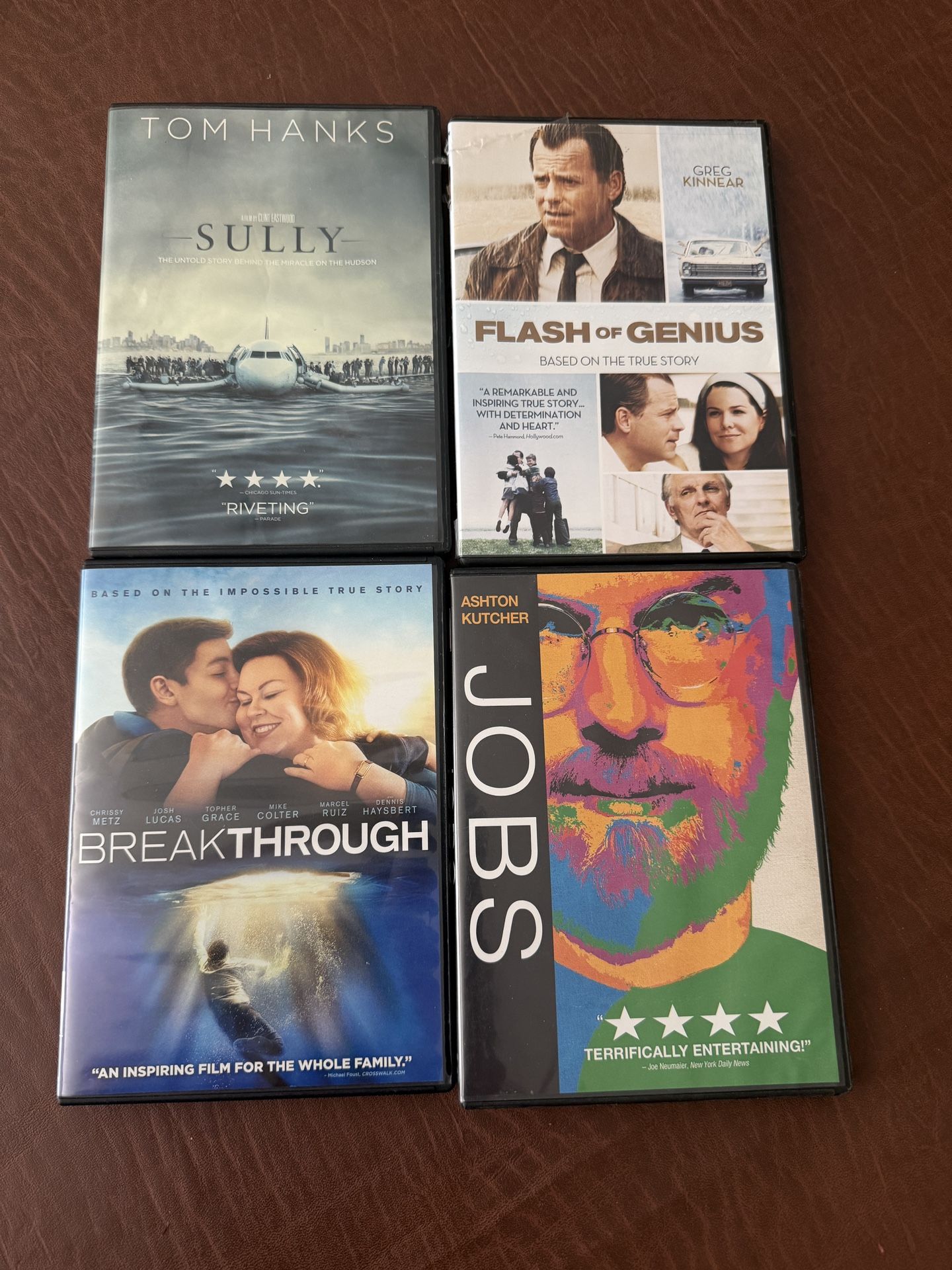 Lot of 4 True Story DVDs - Sully, Jobs, Breakthrough, Flash of Genius