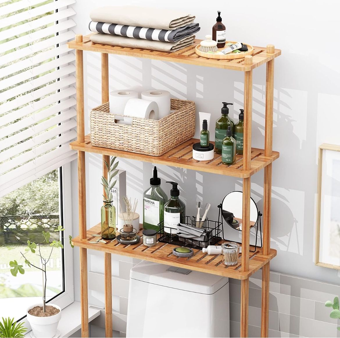 New Over The Toilet Storage Shelf Bamboo 3 Tier Over Toilet Organizer Rack Freestanding Above 0830