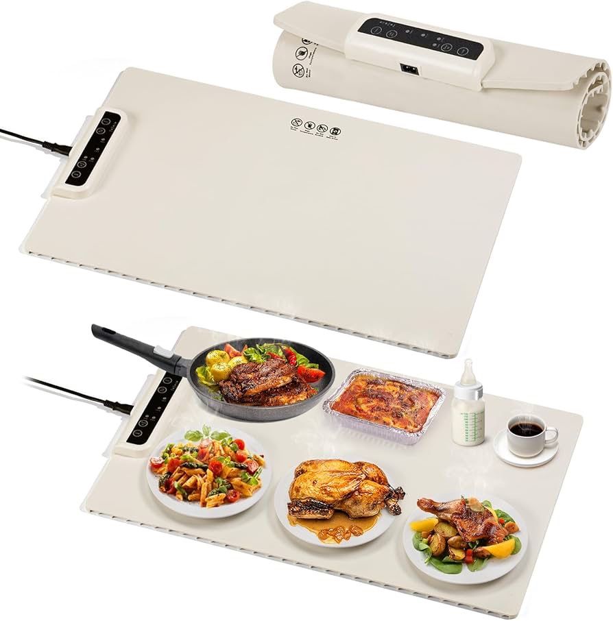 2 PCS Electric Food Warmer Tray - Fast Heating Food Warming Mat with 3 Adjustable Temperature Settings and Timer, Rollable Silicone Food Warmer for Pa