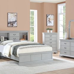 Brand New Gray Full Captain Bedframe + Dresser + Mirror + Nightstand 4PCs Set