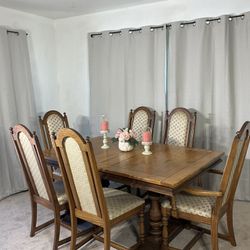 Vintage Solid Oak Dining Table With 2 Extensions & 6 Tall Back Chairs