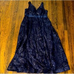 Navy Blue Sequin Floral Formal Gown