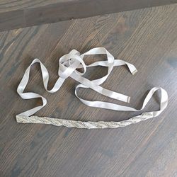 Crystal Embellished Satin Sash Style, Silver / Grey, 104" Long