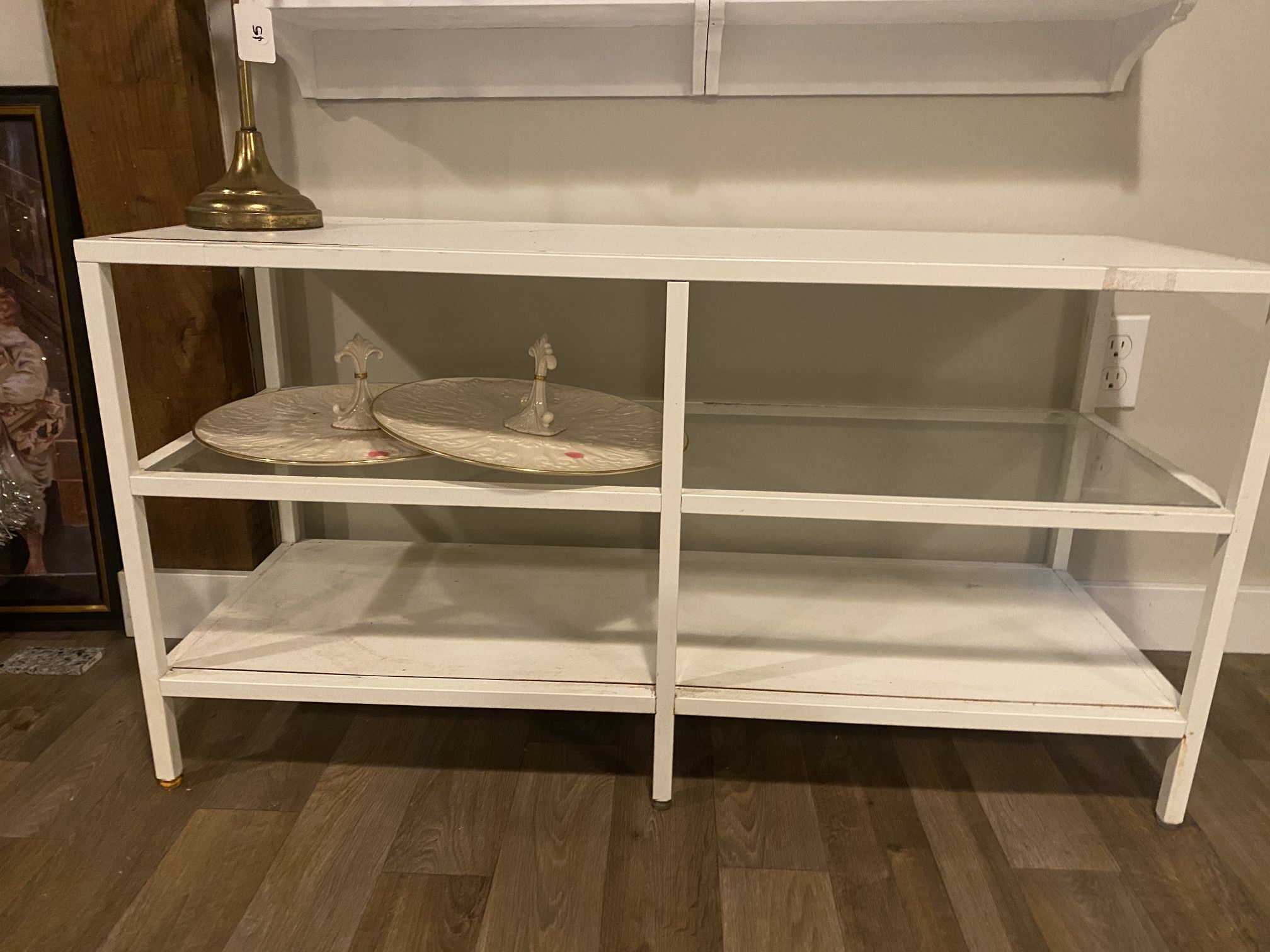 Short Standing White Metal And Glass Shelf