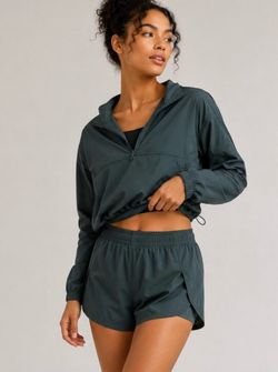 Girlfriend Collective Trail dark green moss lined athletic shorts, size M