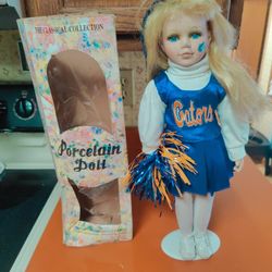FLORIDA GATOR 16"  PORCELAIN DOLL W/STAND
