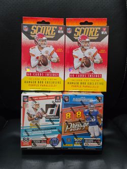 New Factory Sealed Football Cards 4 Box Lot! 2021 Prestige NFL & Donruss Blaster Box! 2021 Score Hanger Box!