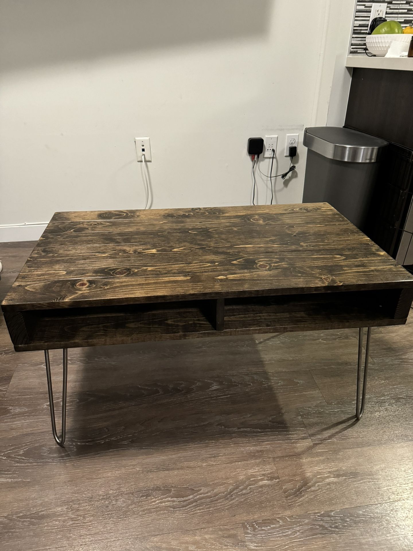 Rustic solid wood coffee table with hairpin legs