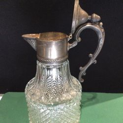 Decanter Vintage Diamond Pattern Cut Glass With Silver plate Pouring Spout