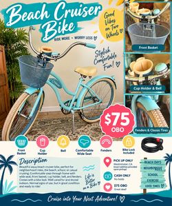 Beach cruiser Bike – Aqua blue – basket, bell, &  cup holder - $75 OBO