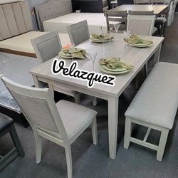 ✅️✅️ 6 pc light finish wood  dining table set padded seat chairs and bench ✅️✅️
