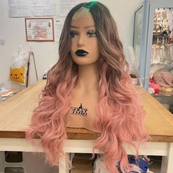 Human hair blend lace front ombré pink wavy wig