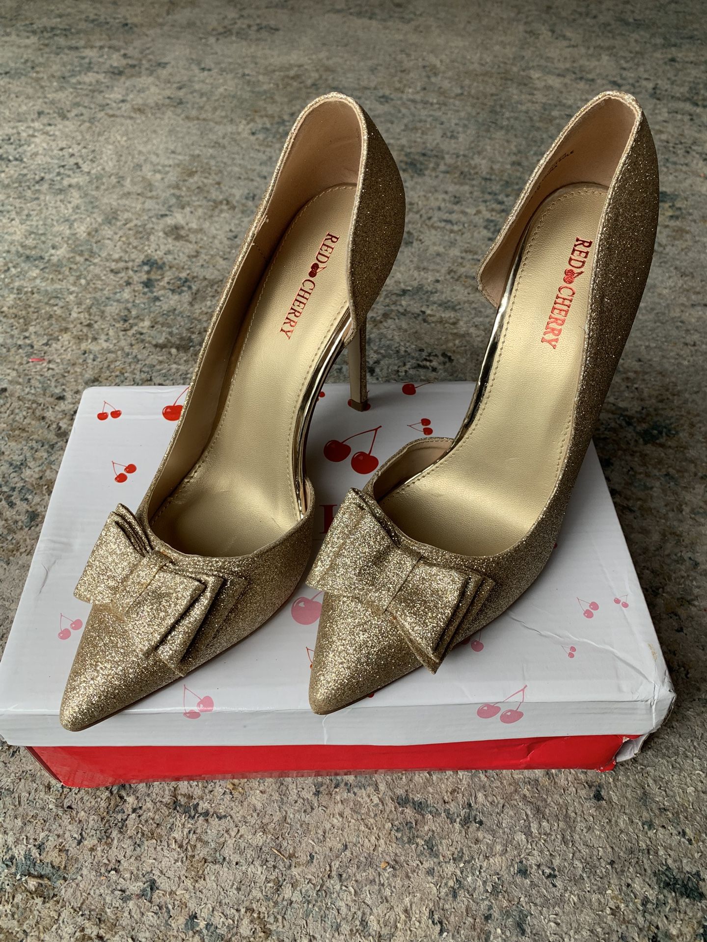 Red Cherry Gold Heels