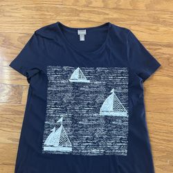 Like new Chico’s Navy Blue Graphic T-Shirt with embroidery Sailboat Design Size 1