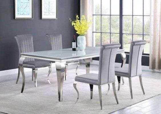 Carone-5Piece Rectangular Dining Set(White Table Top)Gray And Chrome