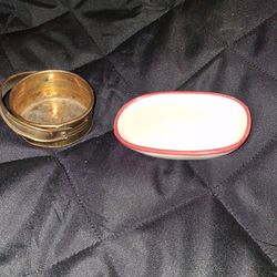 Vintage Brass Miniature Bucket & Red-Trimmed Oval Dish