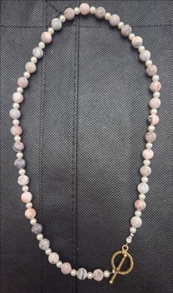 Handmade Pink Zebra Jasper and white bead necklace