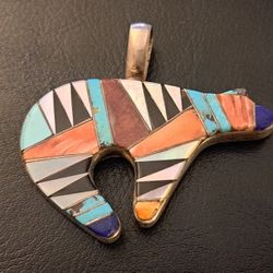 Sterling Silver Zuni Polar Bear  Pendant Turquoise Coral Onyx MOP Lapis Stones 1900s Handmade 