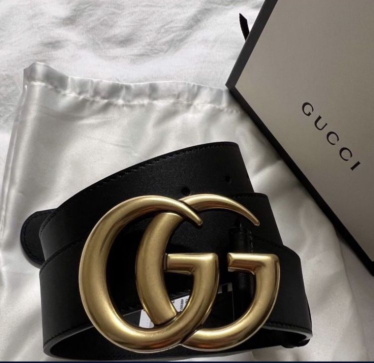 Womens Gucci Belt Brass Double G Black Leather Belt 90cm Authentic