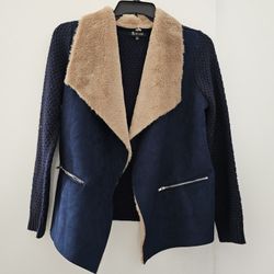 NWOT Sisters Blue faux suede/sheep Cardigan/jacket, navy blue sz S, never worn