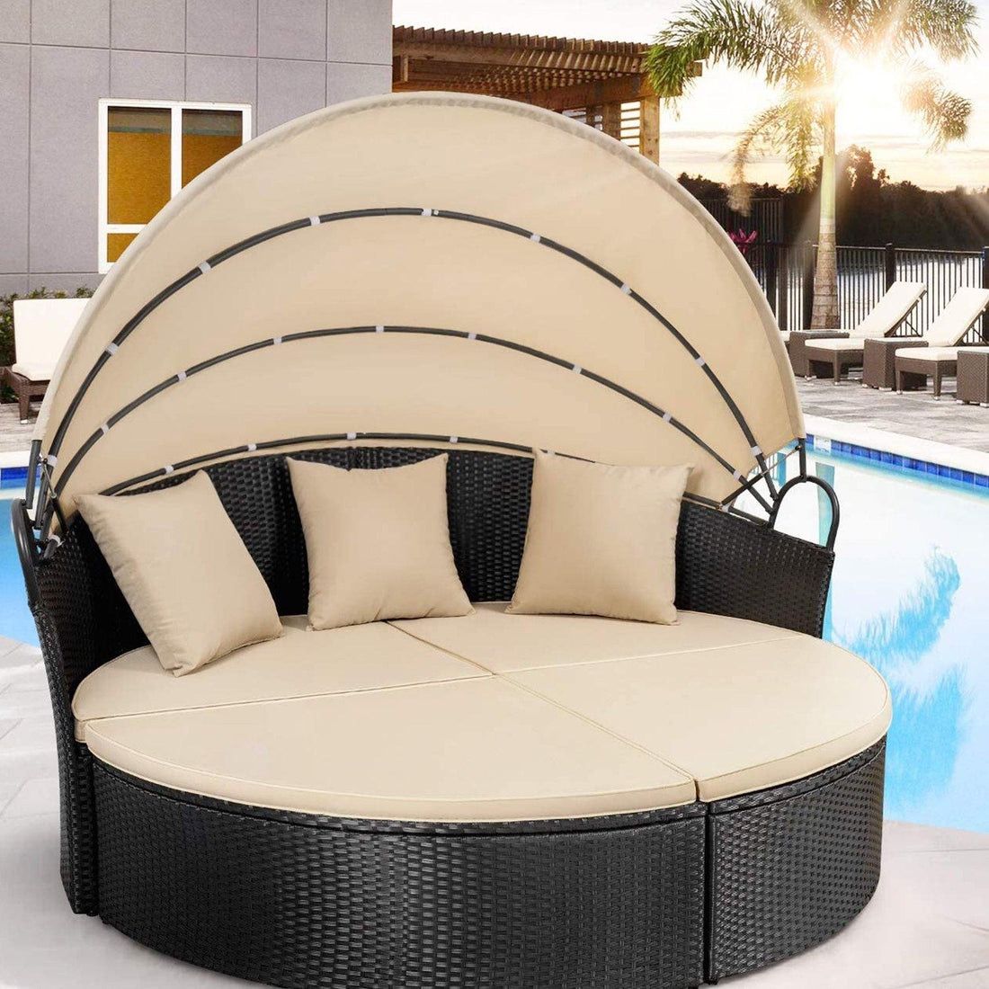 Outdoor Patio Round Daybed with Retractable Canopy Wicker Furniture Sectional Seating with Washable Cushions for Patio Backyard Porch Pool Daybed Sepa