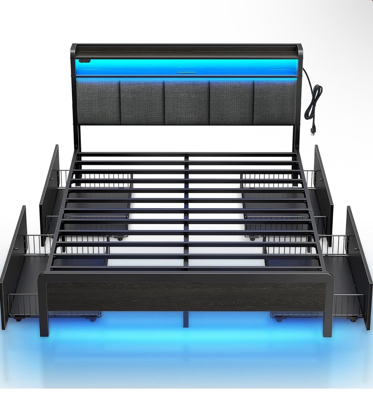 Rolanstar Bed Frame Queen Size with Charging Station and LED Lights, Upholstered Storage Headboard