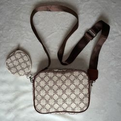 Cream And Brown Purse With Mini Pouch