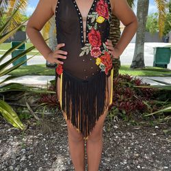 Gorgeous Ballroom Costume With Rhinestones & Fringe - Black, Orange, Red, Yellow