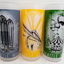 Mid Century Vintage 1962 Seattle World's Fair Commemorative Collectible Glasses Set of 3 *MONORAIL!