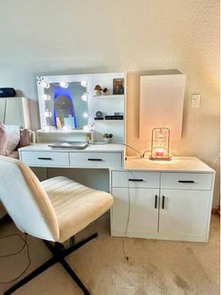 White vanity and Criss Cross Armless chair