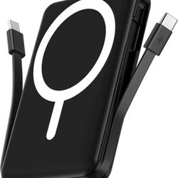 10000mAh Magnetic Power Bank Built-in Double USB C Cables 22.5W PD Fast Charging LED Display Wireless Portable Charger 