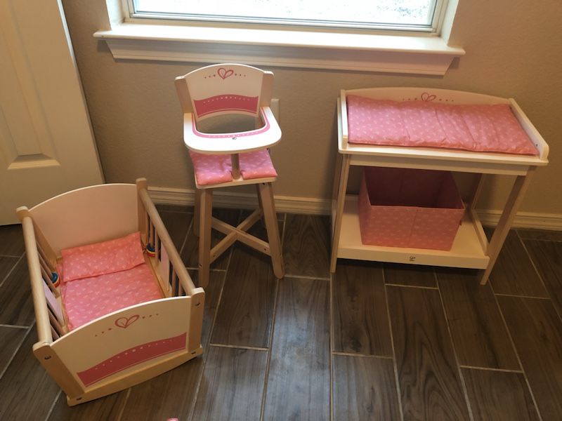 HAPE Wooden baby doll high chair, cradle and changing table