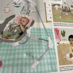 NEW Ingenuity InLighten 5-Speed Baby Swing - Swivel Infant Seat, 5 Point Safety Harness, Nature Sounds, Lights - Nally Owl New,Open Box
