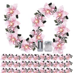 Zubebe 4 Pcs Prelit Poinsettia Christmas Garland with String Lights Glitter Holly Leaves Berries Remote Timer 8 Modes 6.5 ft Lighted Flower Garland Ba