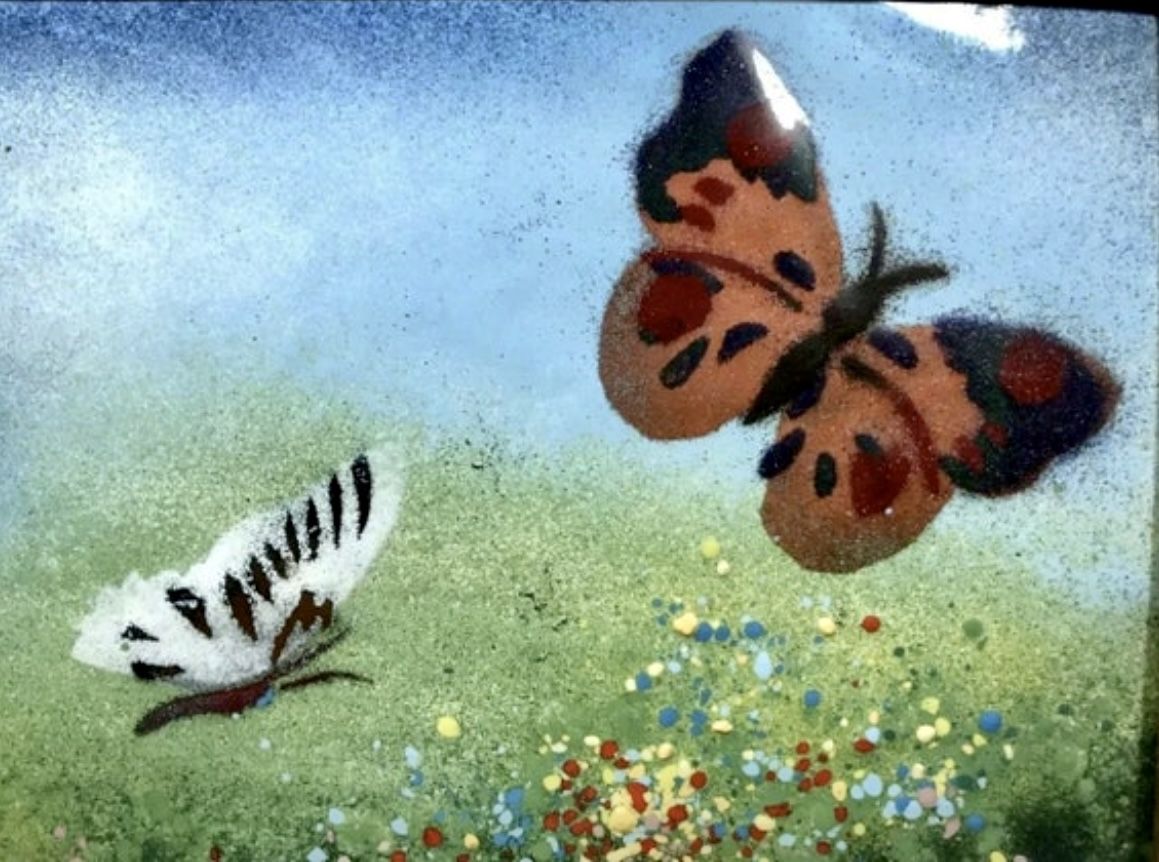 RARE high quality Vintage Enamel on Copper Painting by BENET Butterflies In The Field