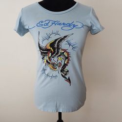 Ed Hardy Y2K Dragon Art Tattoo Light Blue Crew Neck T-shirt Women's Size XS