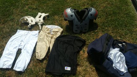 Football pads, pants, practice jersey and bag. Everything for $75