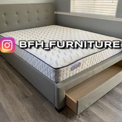 Queen Gray Tufted Bed w. Drawer & Orthopedic Mattress Included 