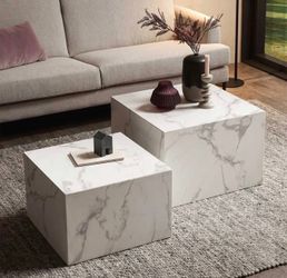 Faux Marble Nesting Coffee Tables - Set of 2 Modern Square Side Tables for Living Room, No Assembly Needed, Marble White