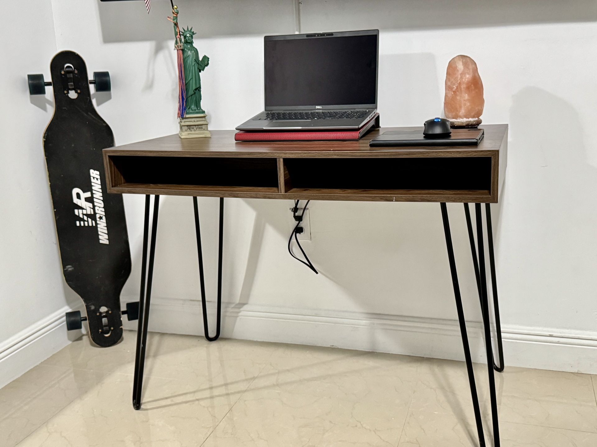 Home Office Writing Desk, Black Metal Legs with Brown Woodgrain Finish