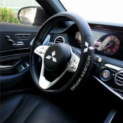 Brand New Universal MITSUBISHI Black PVC Leather Steering Wheel Cover 14.5"-15.5" Inches