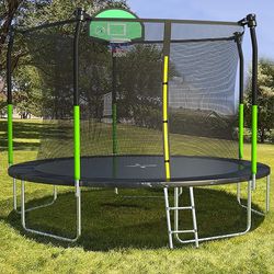 Trampoline 14 Feet with Safety Enclosure Net，Outdoor Trampoline with Basketball Hoop, Heavy Duty Jumping Mat and Spring Cover Padding  NEW