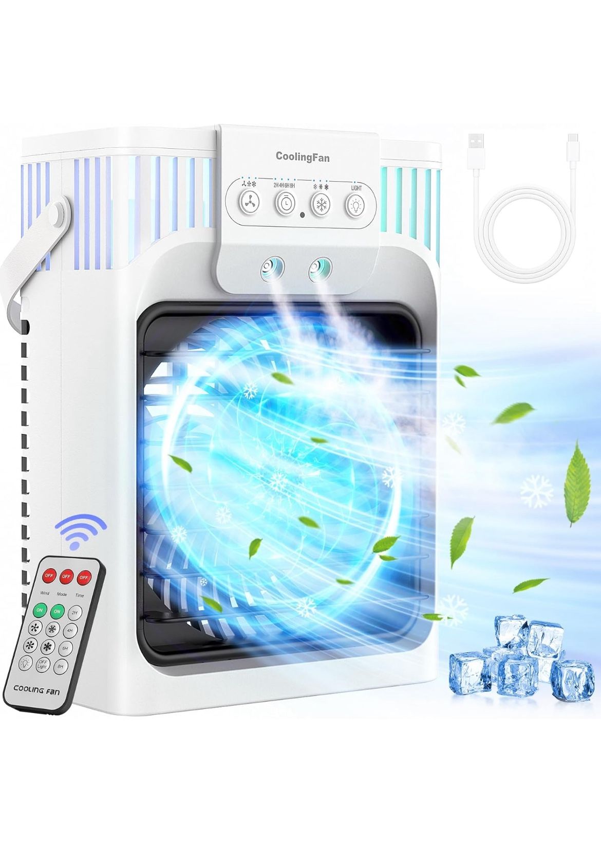 Portable Air Conditioner Cooling Fan with Remote, Quiet with 3 Speeds, 1200ml Evaporative Personal Air Cooler Fan with 3 Mist, 7 Night Light, 8H Timer