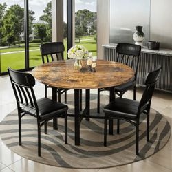 Lamerge Round Dining Table Set for 4,Wood Round Kitchen Table and Chairs Set for 4,Modern Dining Room Table Set with 4 Faux Leather Chairs,Round Dinne