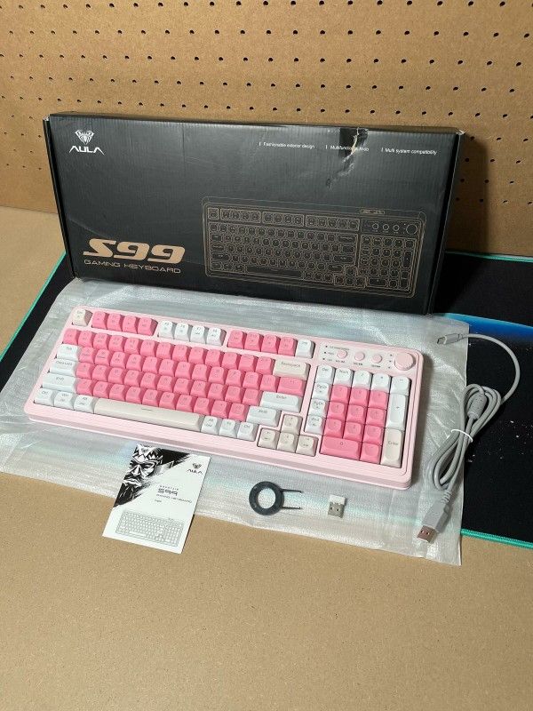 New AULA 99 Key Keyboard, Wireless Gaming Keyboard Bluetooth Computer Keyboards Creamy Cute W/ Number Pad RGB Backlit Tri-Mode BT/2.4GHz/USB-C - Pink