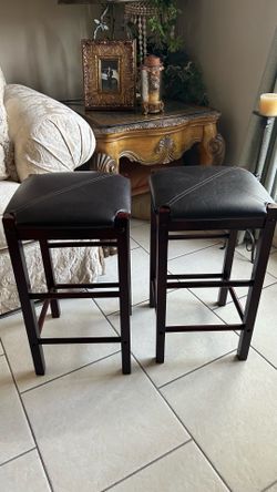 Two Wood and Leather Stools