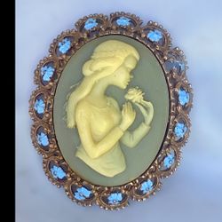 Modern Faux Blue Cameo Brooch Flower Girl Profile w Gold Tone Metal Unsigned